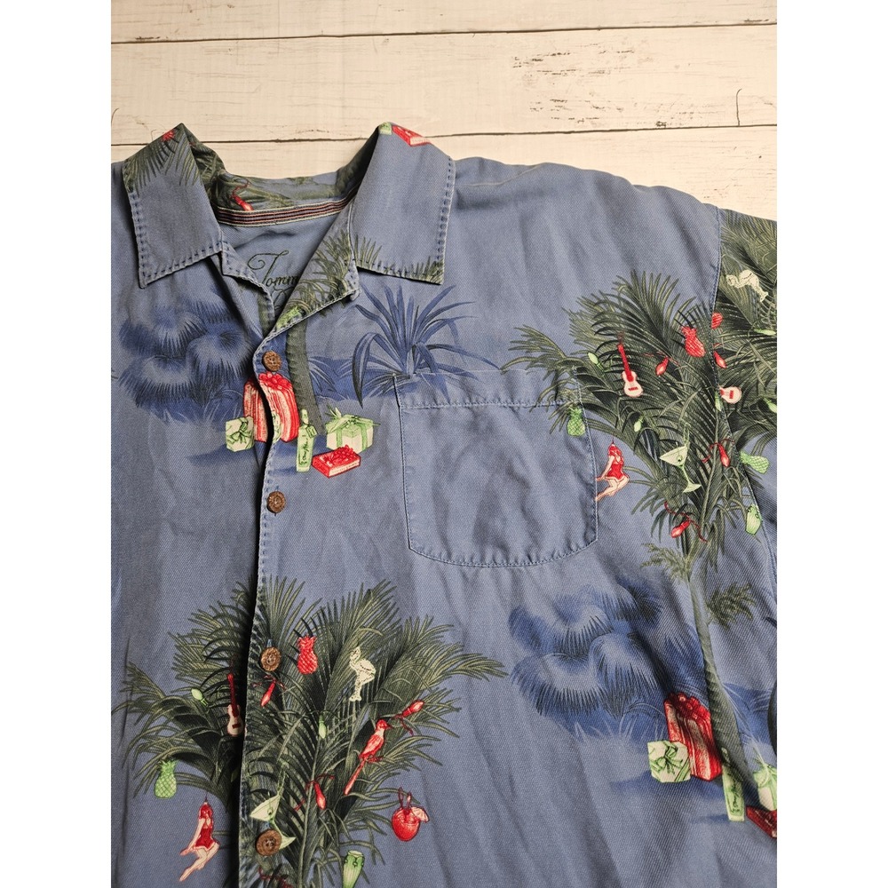 Tommy Bahama Mens XXL Blue Silk‎ Wool Seasons Greetings Holiday Camp Shirt XXL